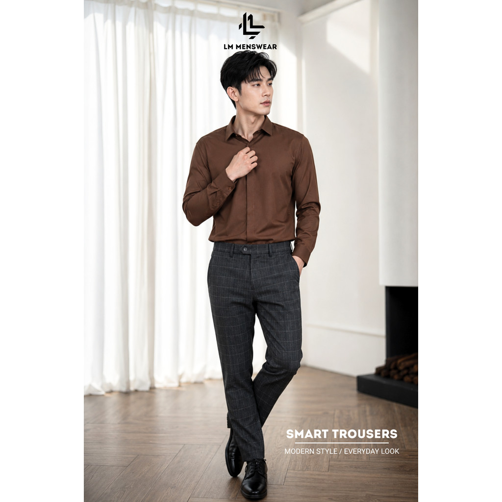 Business Check Trousers (Expandable Waistband) กางเกงสแลค ลายตาราง ทรงกระบอกเล็ก เอวยืดได้