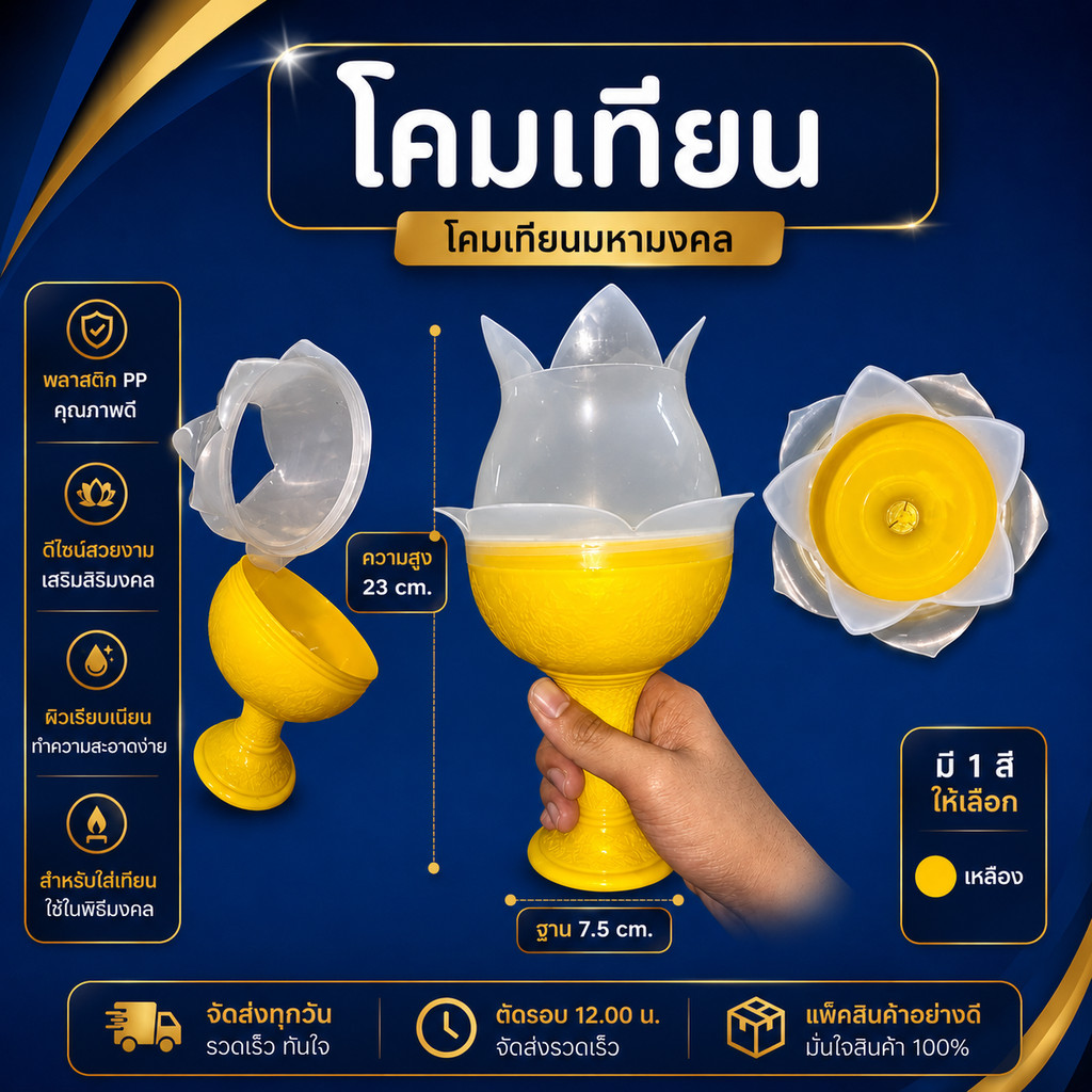 โคมเทียนถือทรงดอกบัว ดีไซน์สวย ฐานจับถนัดมือ ขนาดสูง 23 ซม.
