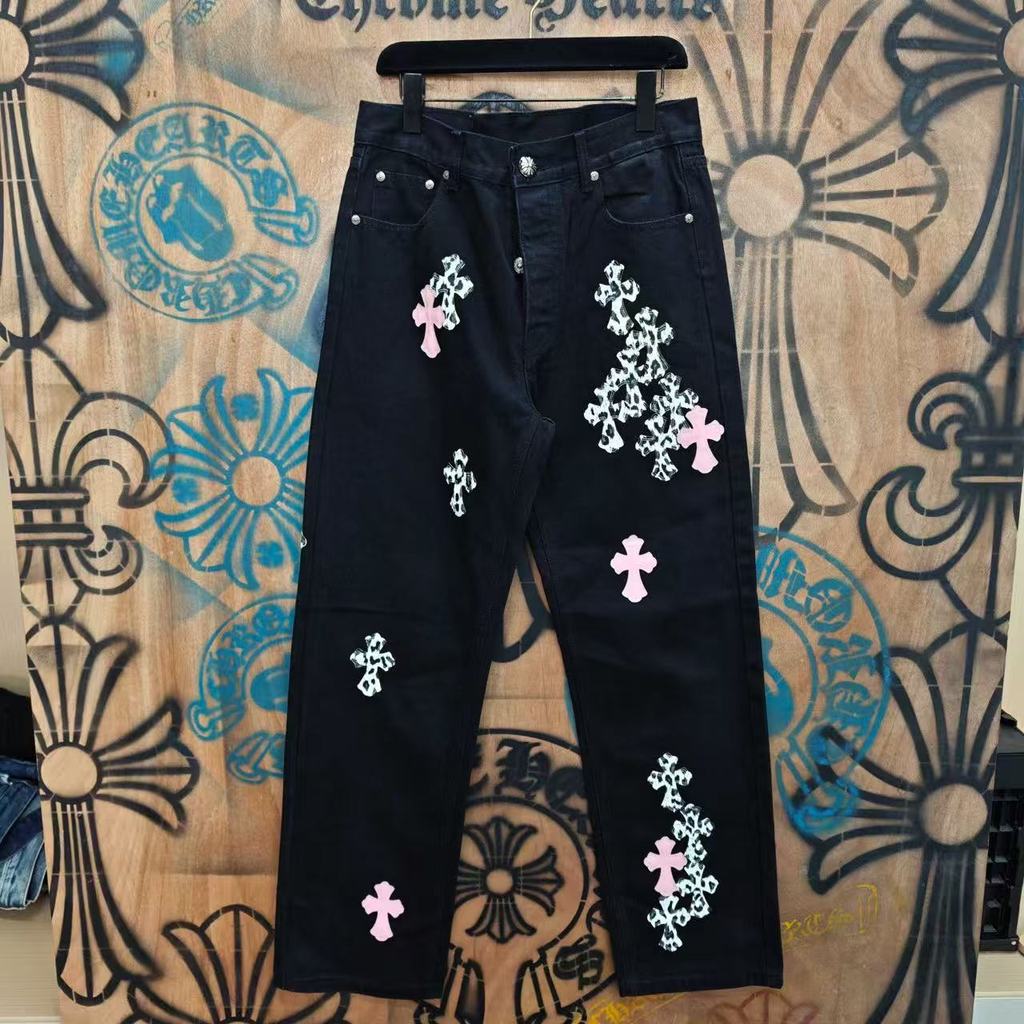 4Y7K Chrome Hearts Silver-Plated Cross Leather Straight Jeans Men Women Style