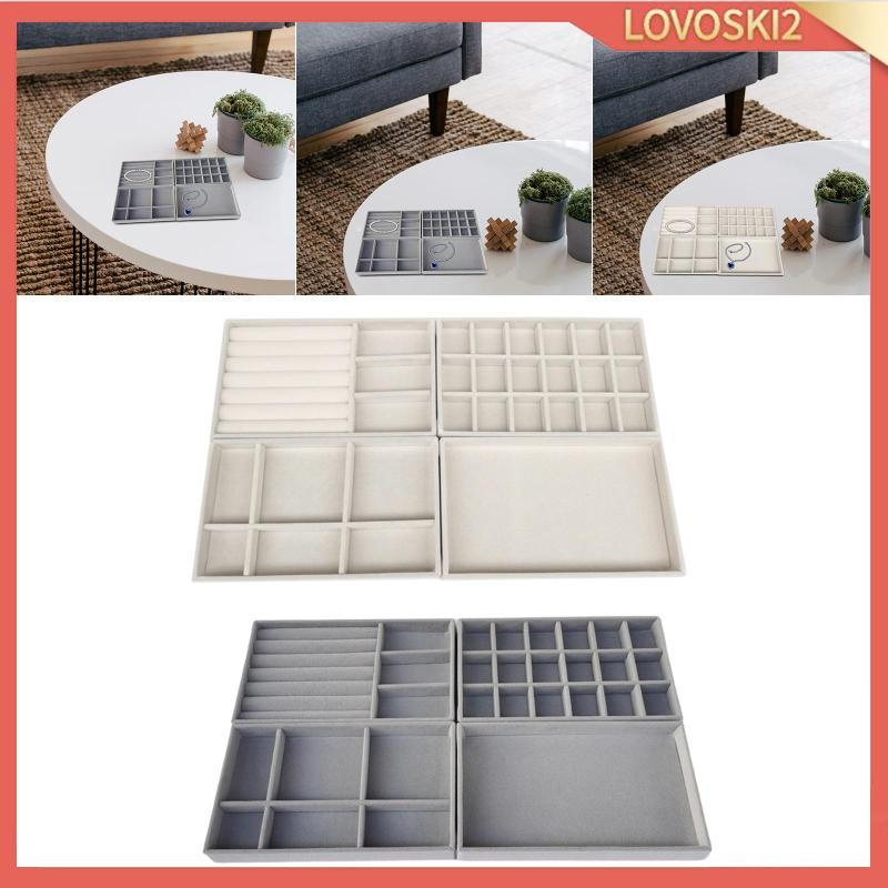 [Lovoski2] 4 ชิ้นเครื่องประดับชุดแหวนถาดสร้อยคอถาดต่างหูถาดสร้อยข้อมือถาดวางซ้อนกันได้MDF Flockingถา