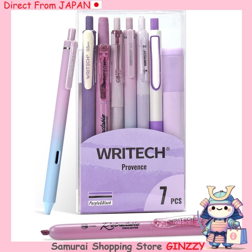 WRITECH ชุดปากกาเจลและไฮไลท์ 7 ชิ้น สีม่วงพาสเทล เครื่องเขียนจากญี่ปุ่น