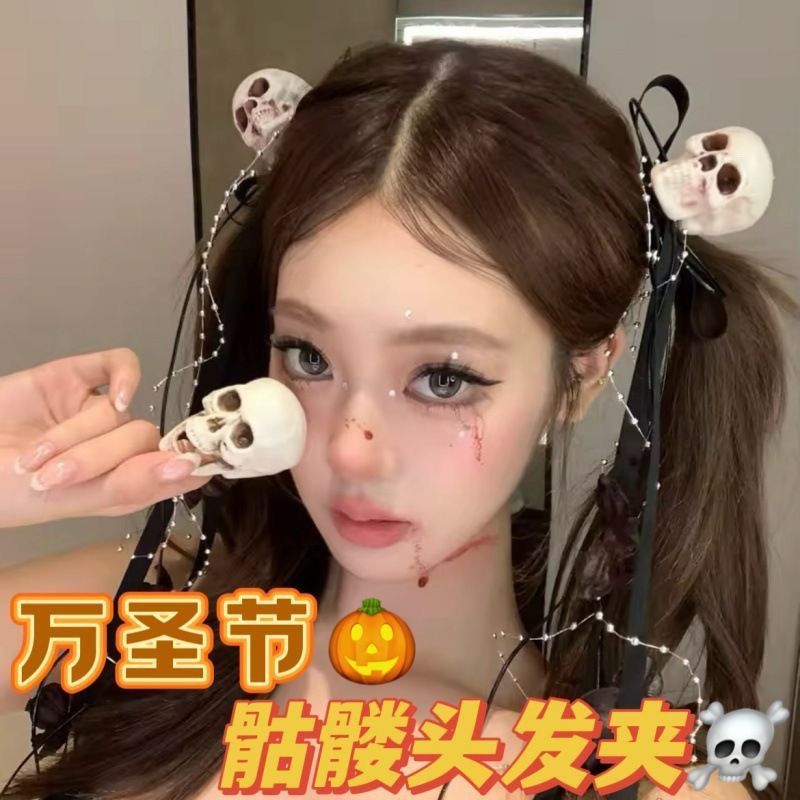 ฮาโลวีน Skull กิ๊บติดผมสีดํา Bow Streamer Cos Dark Dress Up Props เครื่องประดับผม Headdress Rebellio