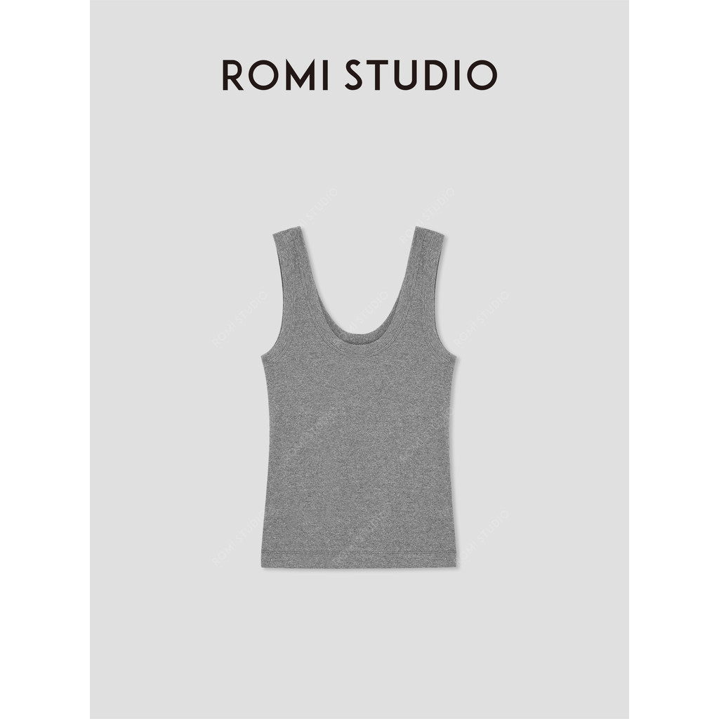R ROMI STUDIO Basic Casual High Count Cotton U-คอยืดดอกไม้ผ้ากอซ Camisole RW24WSD1386