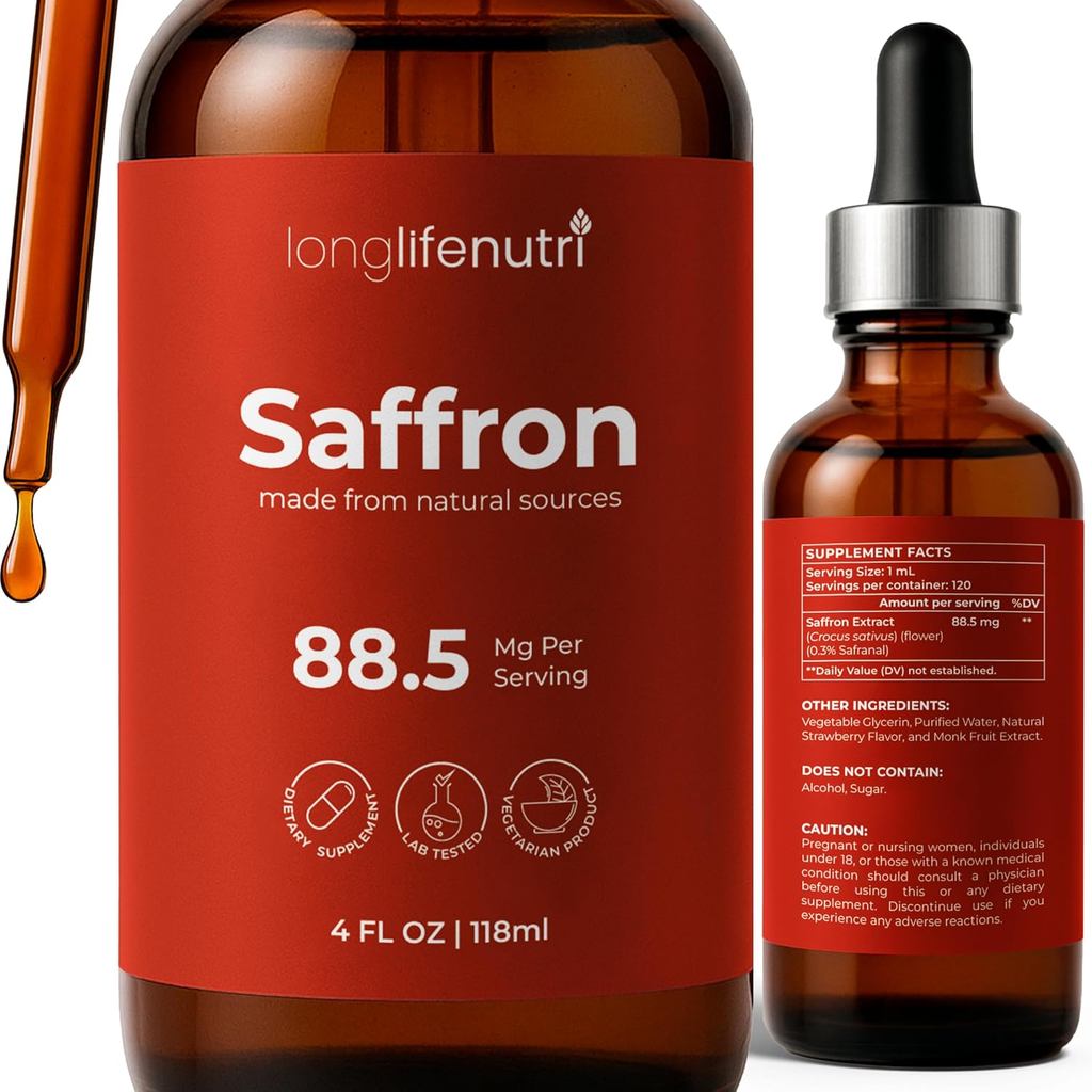 LongLifeNutri Saffron Extract หยด, 4 ชั้น Oz Liquid plement, 88.5 Mg สูตรสมุนไพร, ข้ามแคปซูล, Simple