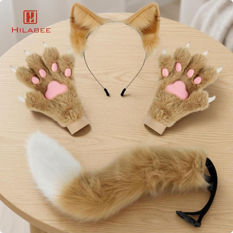 [UsusexaMY] Feline Ears Tail Gloves Set Faux Fleece Cat Ear Headband Adjustable Black