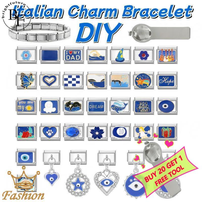 ตาสีฟ้าดอกไม้อิตาเลี่ยนสร้อยข้อมือ Charm Fit 9 มม.สร้อยข้อมือสแตนเลส DIY เครื่องประดับทําอุปกรณ์เสริม Retro บุคลิกภาพโมดูลสร้อยข้อมืออุปกรณ์เสริม