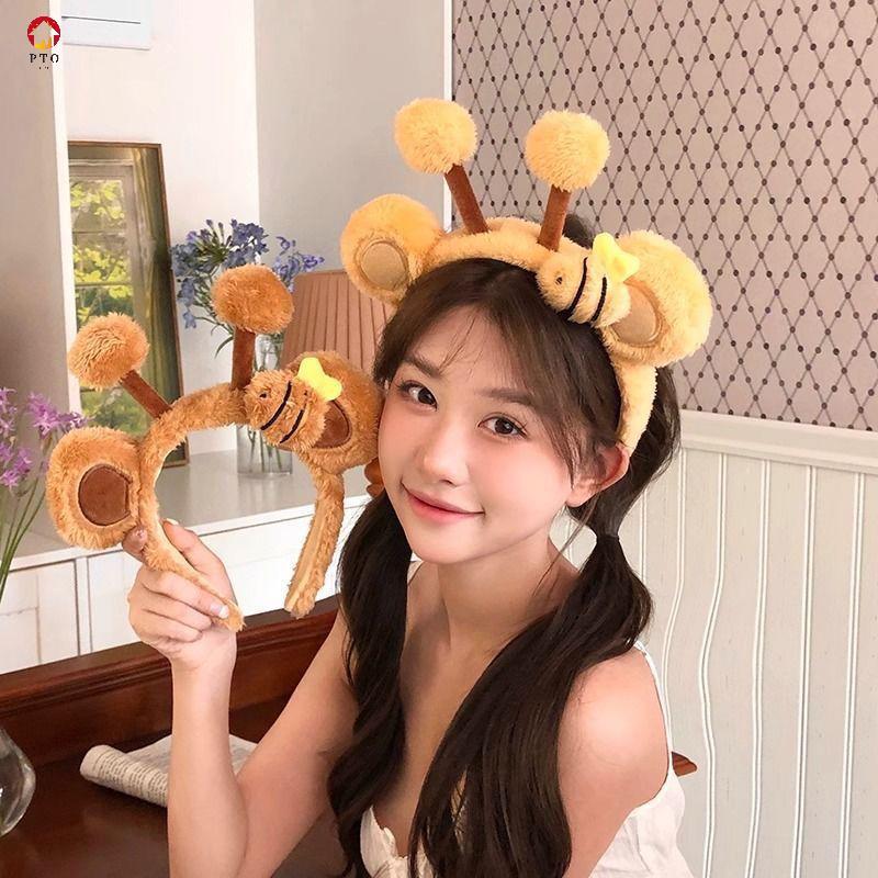 [pto] น่ารักการ์ตูน Bee Bear หู Plush Hairband สําหรับผู้หญิงสาวน่ารักล้างหน้าสัตว์ s คอสเพลย์ Hoops