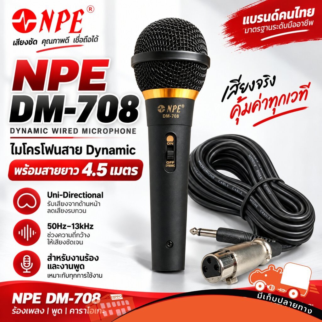 NPE DM-708 ไมค์สาย Dynamic Uni-Directional พร้อมสาย 4.5 เมตร XLR-6.35 มม. ร้องเพลง คาราโอเกะ hippo audio