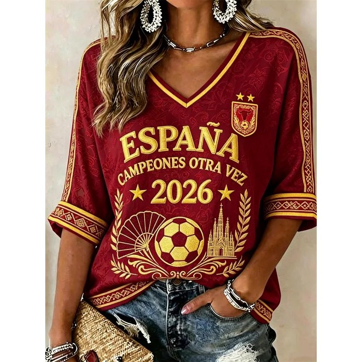 ผู้หญิง V คอ 3/4 เสื้อยืด, Espana Campeones Otra Vez 2026 Bull Crest ฟุตบอลพัดลมลอเรล Cathedral Gold