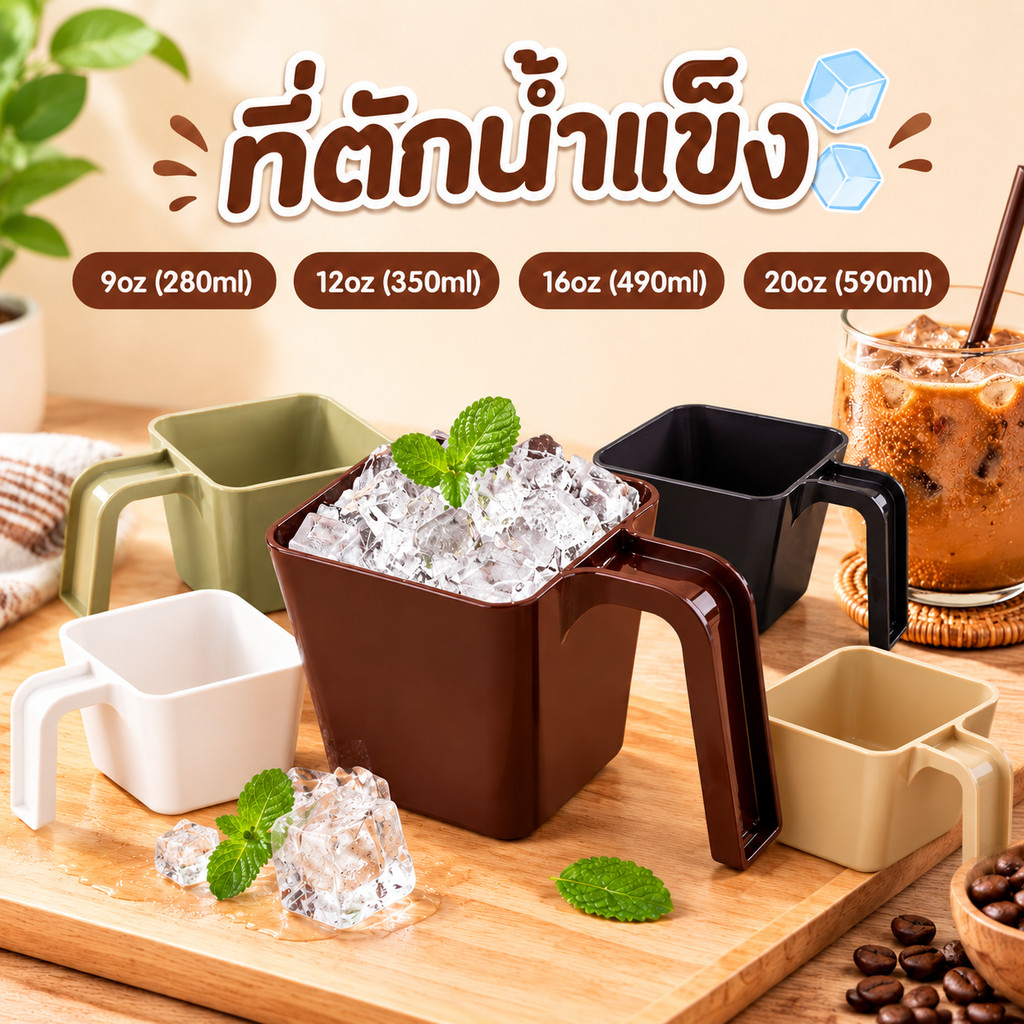 พร้อมส่ง ที่ตักน้ำแข็งพลาสติก 12/16/20oz วัสดุเกรดอาหารปลอดภัย ด้ามจับสะดวก ทนทานล้างง่าย เหมาะครัวเรือนร้านชานม