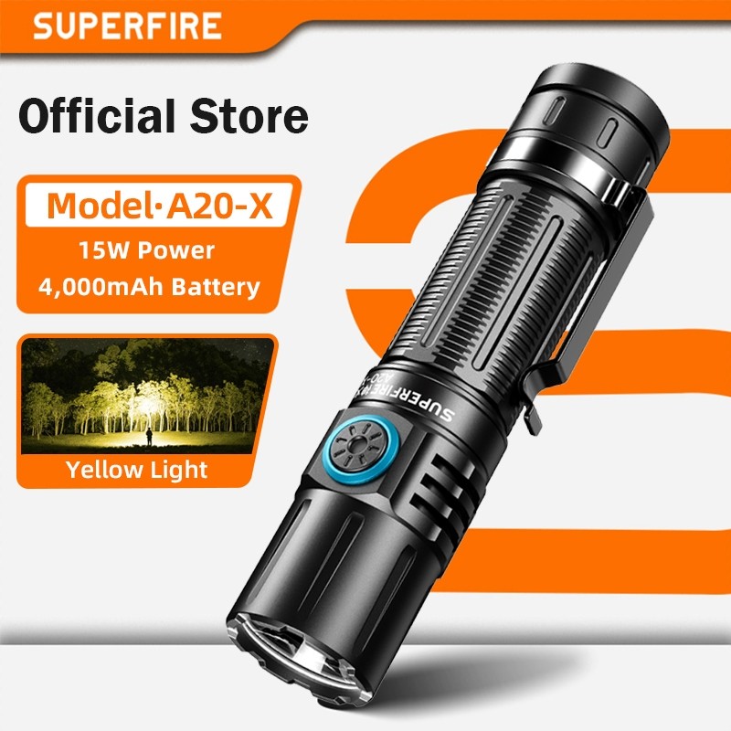 SUPERFIRE A20‑X ไฟฉาย LED แสงสีเหลือง 15W สว่างมาก 1290 ลูเมน กันน้ำ ชาร์จได้ ไฟสปอตไลท์ สำหรับกลางแจ้ง