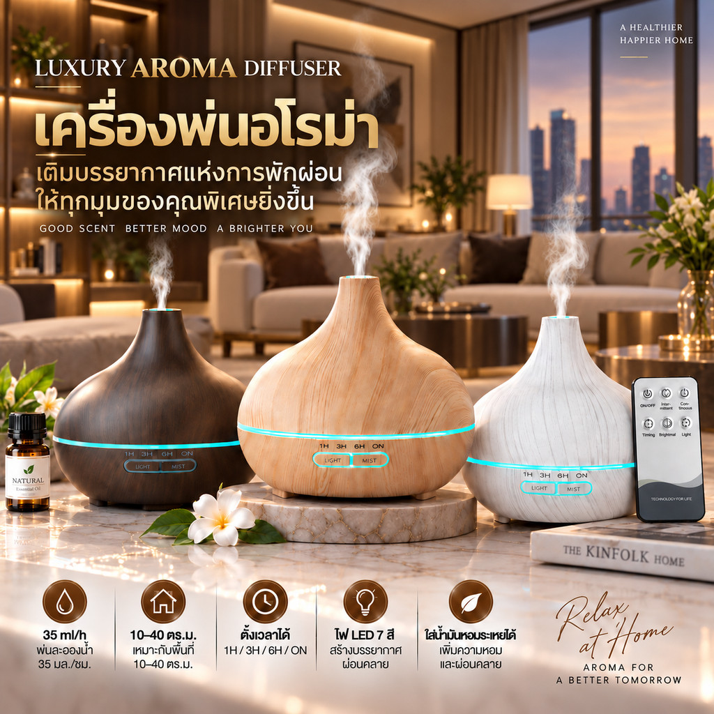⭐️เครื่องพ่นไอน้ำอโรม่า⭐️ เครื่องเพิ่มความชื้น พ่นน้ำมันหอมระเหย ไฟ 7 สี LED ความจุ 500ml. Aroma Diffuser ควันเยอะ
