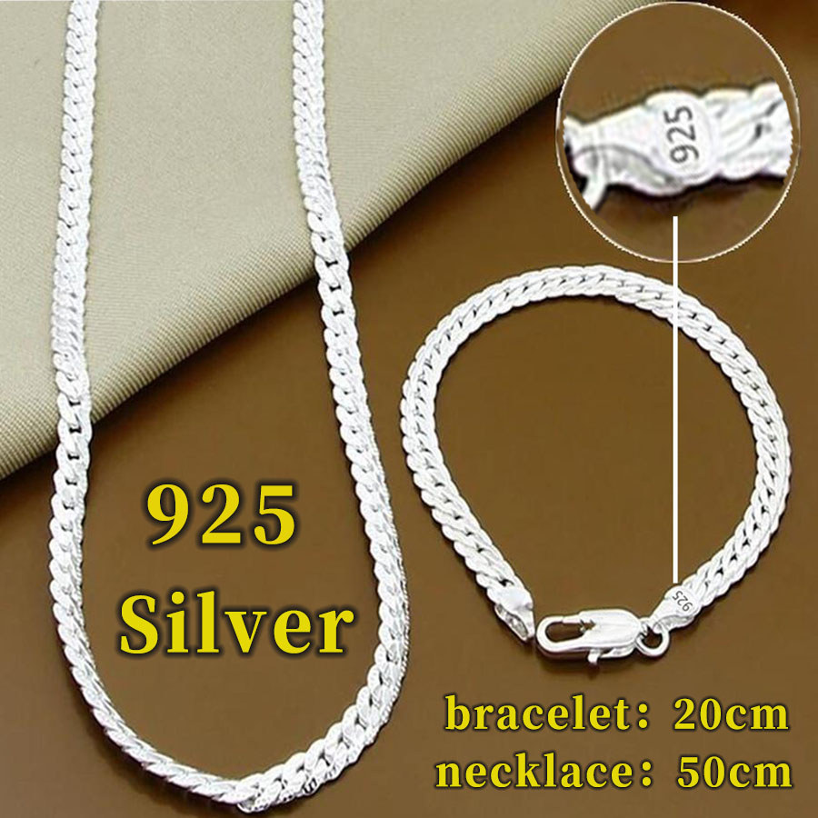 Silver original italy 925 5MM Side Necklace and Bracelet Set ของขวัญวันวาเลนไทน์