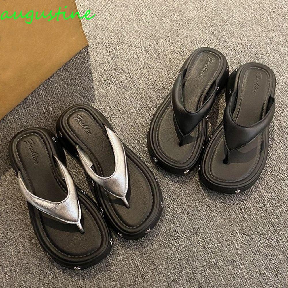 AUGUSTINE Wedges Thong รองเท้าแตะ, Toe Spring EVA Platform Flip Flops, Simple Y2K ลื่นหนานุ่ม Soled 