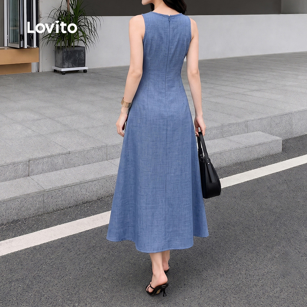 Lovito فستان نسائي طويل أزرق بكسرات — صورة 4
