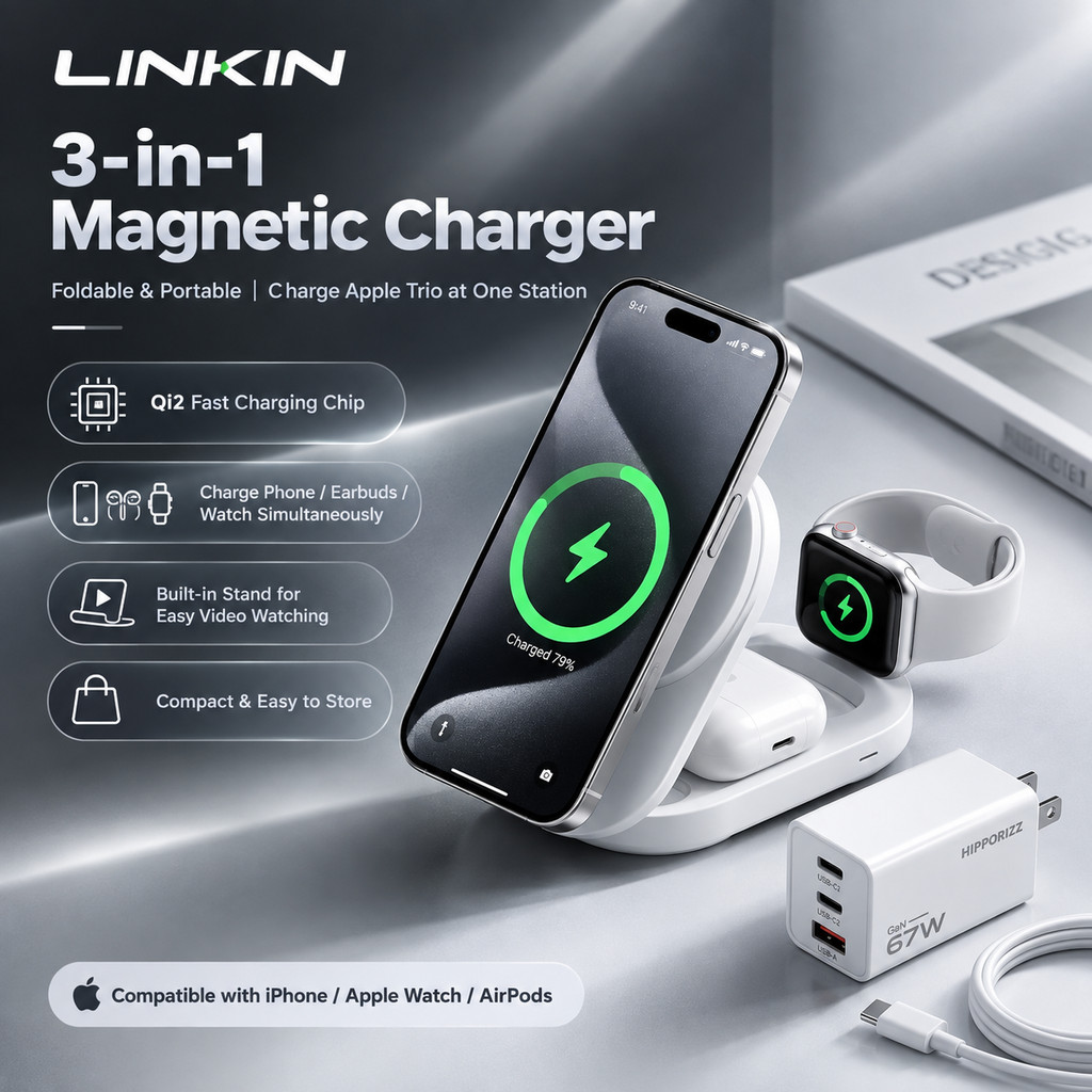 LINKIN เครื่องชาร์จไร้สายแม่เหล็ก 3-in-1 25W, แท่นชาร์จไร้สายแบบพับได้ชาร์จเร็ว Qi2.2 25W สําหรับ iP