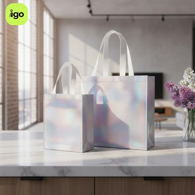 [IGO] Iridescent Holographic Bags With Handles Non-Woven Shopping Bags Portable Rainbow Color Party 