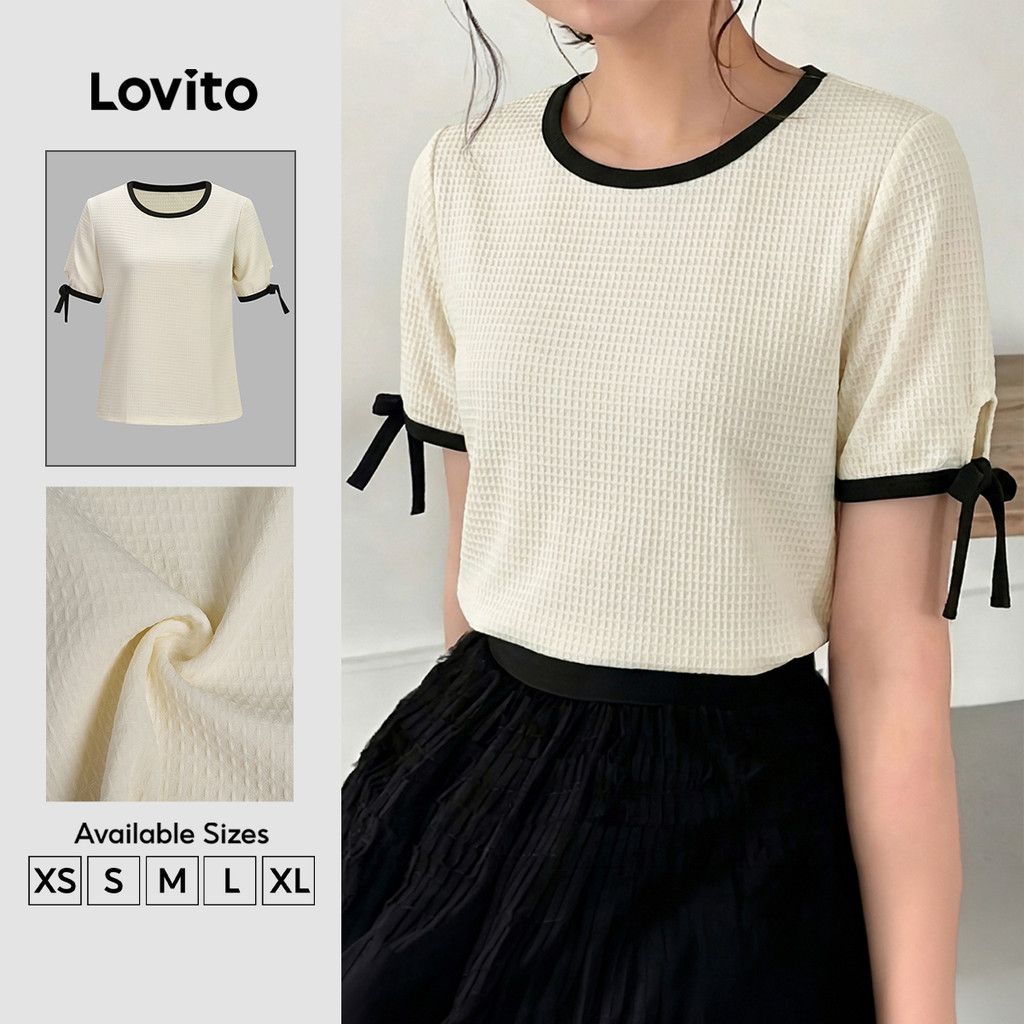 (New Arrival) Lovito เสื้อยืดผู้หญิงสีแอปริคอตสไตล์หรู โทนสีตัดผ้าเนื้อสัมผัสสําหรับฤดูใบไม้ผลิ/ฤดูร