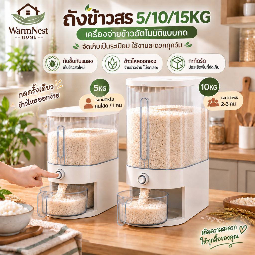 ถังข้าวสาร 5/10/15KG กันชื้นกันแมลง  และกันแมลง ป้องกันความชื้น กดปุ่ม ข้าวจะไหลออกมาเอง