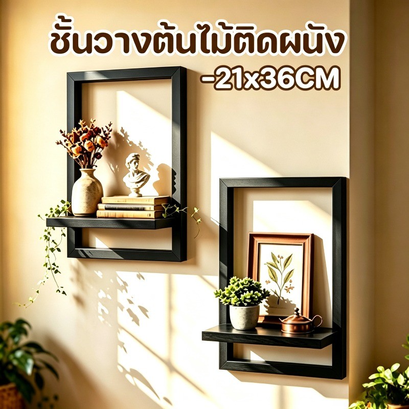 ชั้นวางต้นไม้ติดผนัง 21*36CM ติดตั้งง่ายและง่าย ห้องนอน ตกแต่งบ้าน ชั้นวางผนังไม้เนื้อแข็งรูปสี่เหลี่ยมจัตุรัส