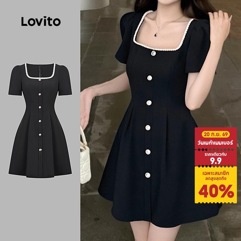 Lovito สง่างาม เดรสสไตล์ เดรสสีดำสำหรับผู้หญิง ทรงคลาสสิก สวมใส่สบาย เหมาะสำหรับฤดูใบไม้ผลิ/ฤดูร้อน ติดกระดุมด้านหน้า L154ED490