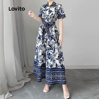 Lovito วันหยุด กระโปรงผู้หญิง ผูกเชือก ติดกระดุมหน้า สีกรมท่า ฤดูใบไม้ผลิ ฤดูร้อน สําหรับสุภาพสตรี L154LD175