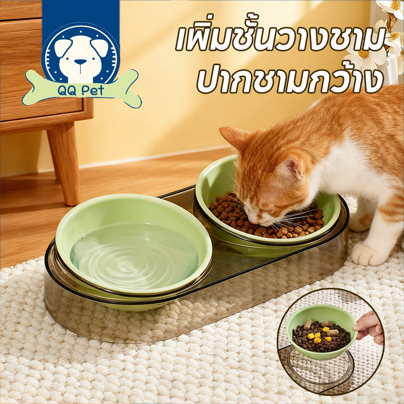 QQ Pet พร้อมจัดส่ง INS ชามอาหารสัตว์เลี้ยง ชุดชามคู่แบบเอียง ถอดออกได้ สุนัข แมว