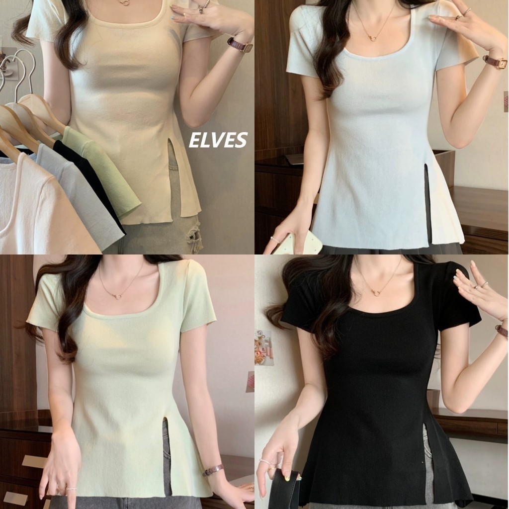 Elves🌟พร้อมส่ง🌟ผู้หญิงสีทึบลูกเรือคอสั้นแขนเสื้อยืดขนสัตว์ด้านข้างร่องรายละเอียดพอดีออกแบบ(D113)