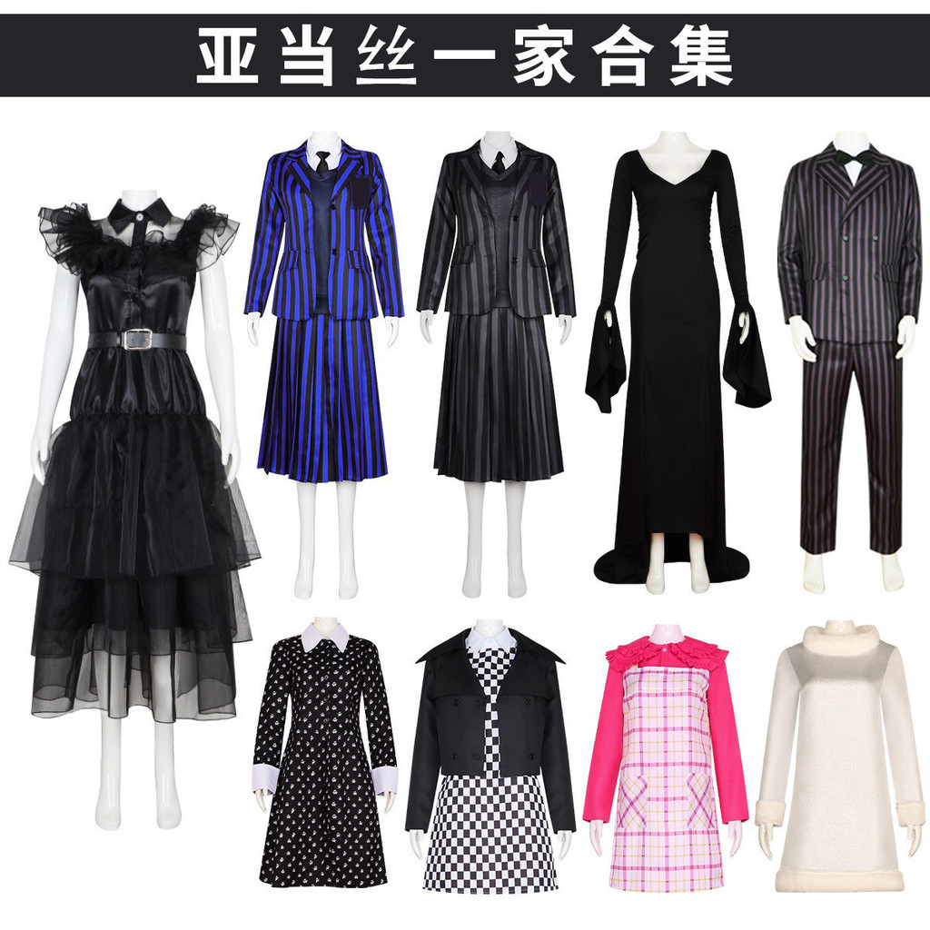 Adams Family cos Costume Halloween Show Same Style Wednesday Heroine Costume คอสเพลย์ Black Dress Re