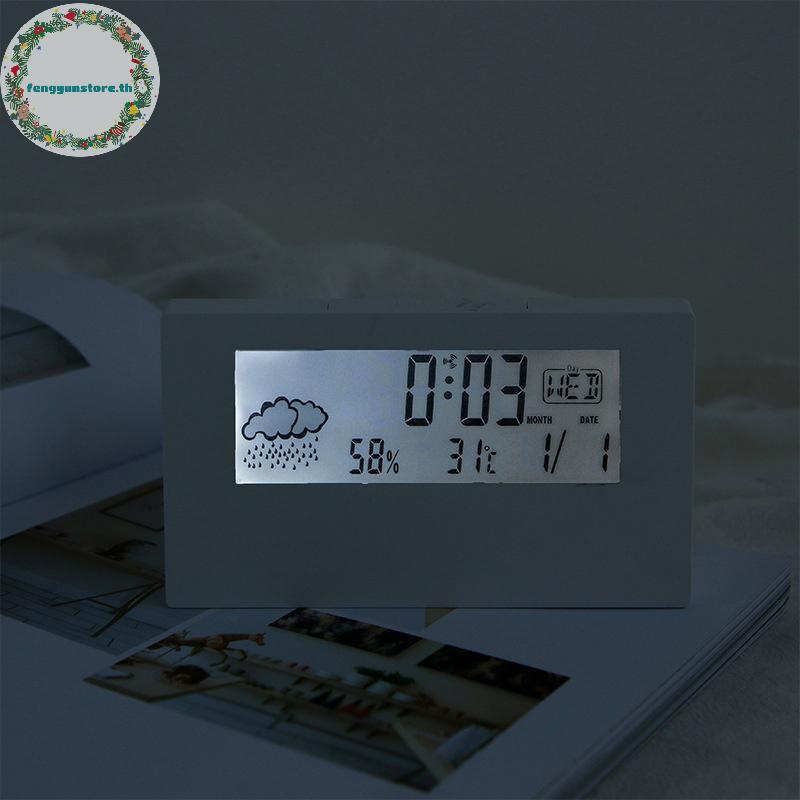 YUNSTORE เครื่องวัดอุณหภูมิและความชื้น Creative Weather Display กันน้ำพร้อมไฟ LED และนาฬิกาปลุกขนาดเล็ก
