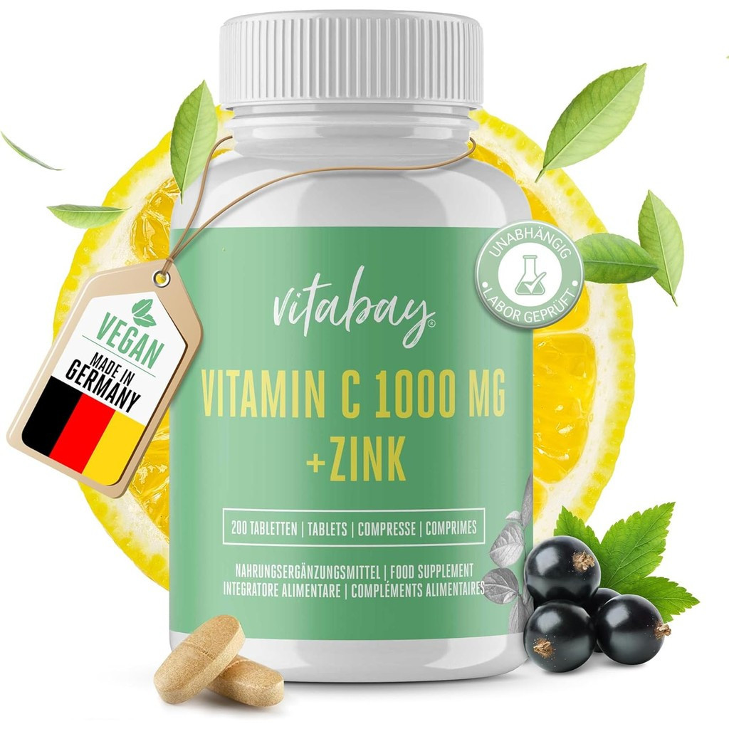 Vitabay Vitamin C Zink Tabletten 200 Vegane Tabletten 1000mg - วิตามินซี hochdosisert Zink hochdosis