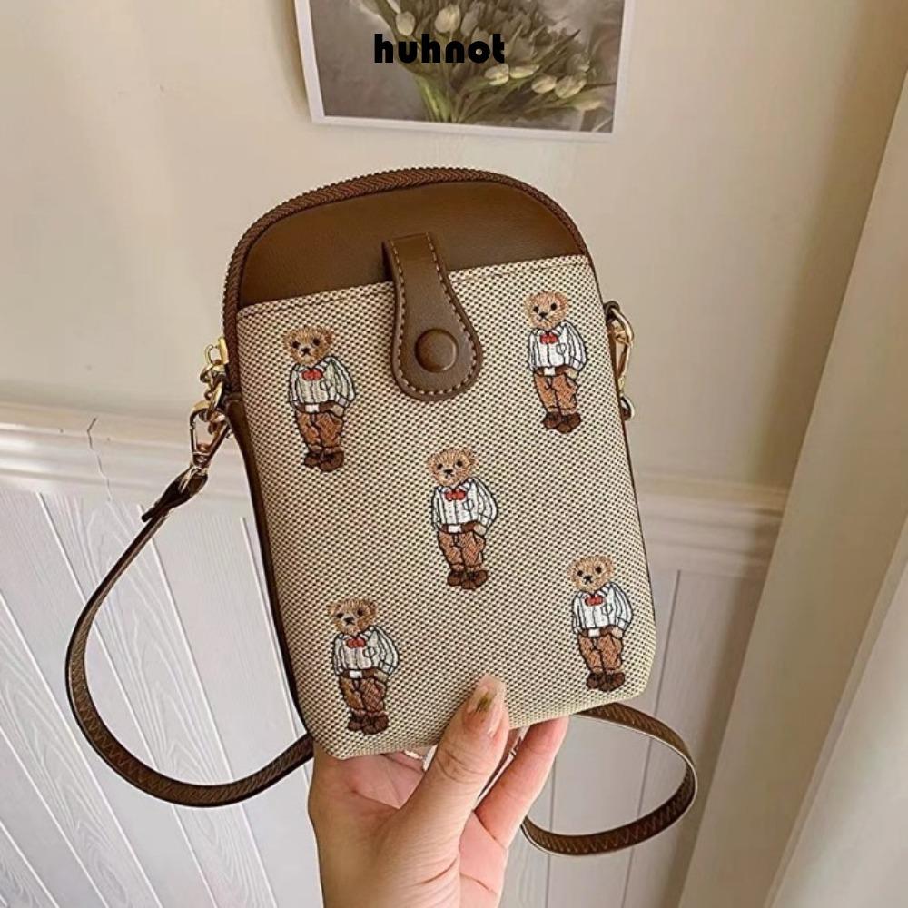 กระเป๋าสะพาย ฮูนุต กระเป๋าถือผู้หญิงน่ารักกระเป๋าซิปแฟชั่นกระเป๋าใส่เหรียญเดินทางน้ําหนักเบาหมีน้อยปักกระเป๋าโทร