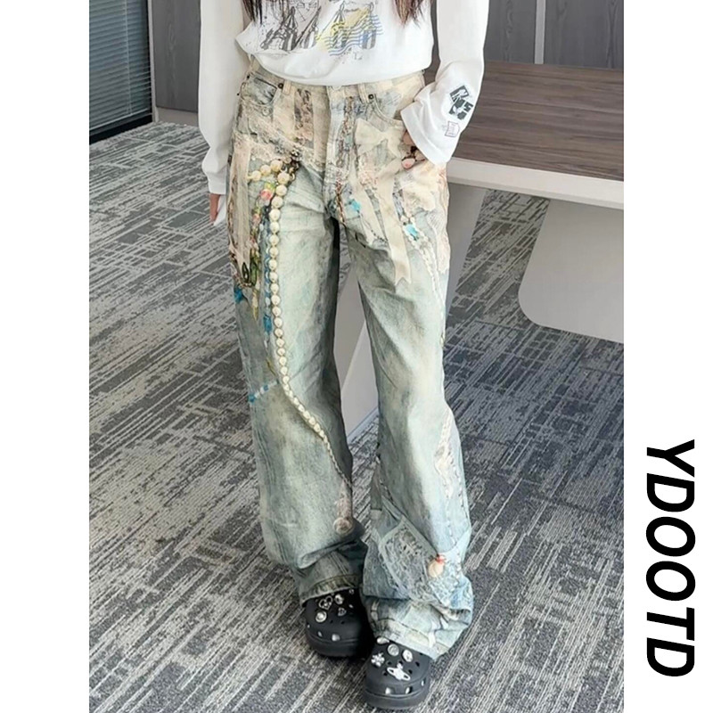 กางเกงยีนส์พิมพ์ลายโซ่มุก West Coast American Pants High Street vibe Wasteland Style Loose Straight 