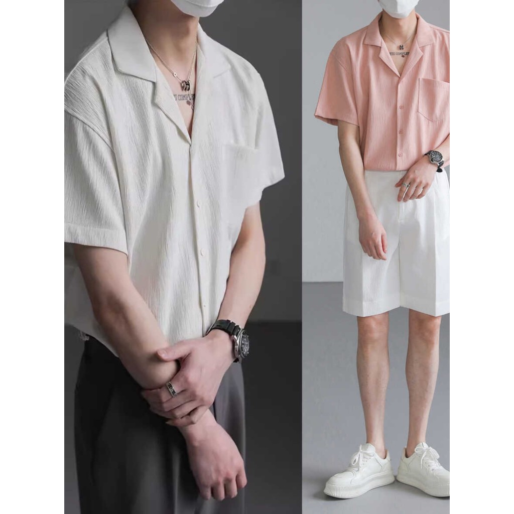 High end หลวมสบายๆคอคิวบาเสื้อแขนสั้นผู้ชายฤดูร้อนแบรนด์อินเทรนด์ INS Planky หล่อครึ่งแขนเสื้อdd168.