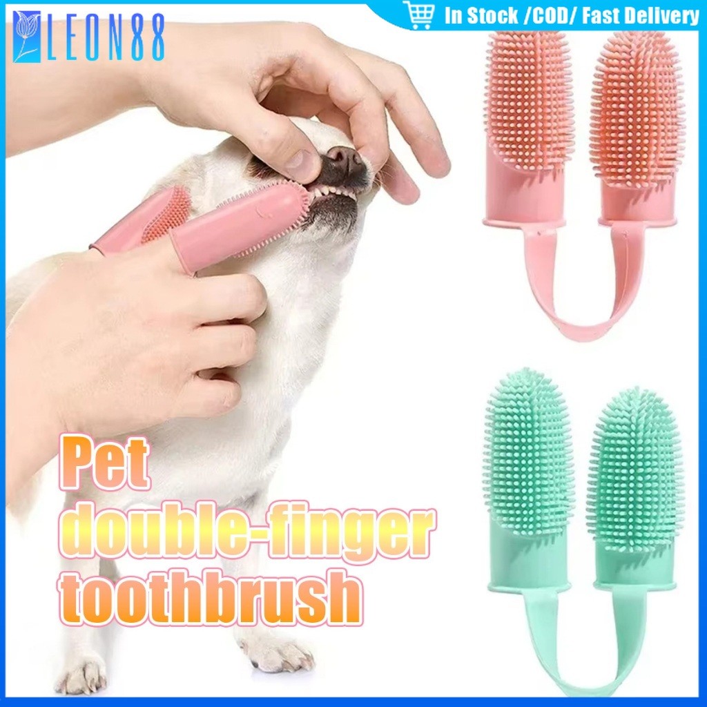 ของมาใหม่！แปรงสีฟันแมว สุนัข แปรงสวมนิ้ว แบบสองนิ้ว วัสดุอ่อนนุ่น ไม่ทำร้ายปากสัตว์ ทำความสะอาดฟัน ใช้งานง่าย