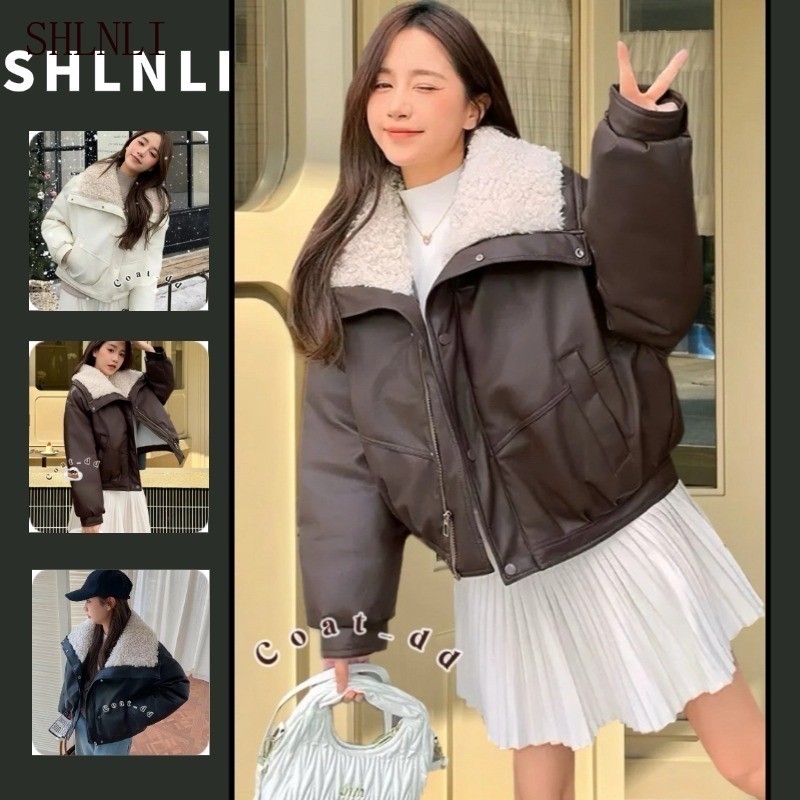 แจ็คเก็ตกันหนาวสไตล์วิทยาลัยสำหรับฤดูใบไม้ร่วงและฤดูหนาว แจ็คเก็ตสั้นทรงหลวมพร้อมซิปรูดและกระโปรงขนให้อบอุ่น