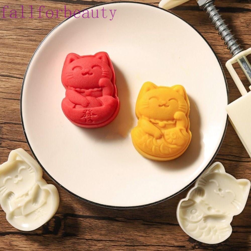 FALLFORBEAUTY 2 ชิ้น/เซ็ต Lucky Cat Shape Mooncake Mold, Hand-Press 3D คุกกี้แม่พิมพ์,ครัวเรือน DIY 