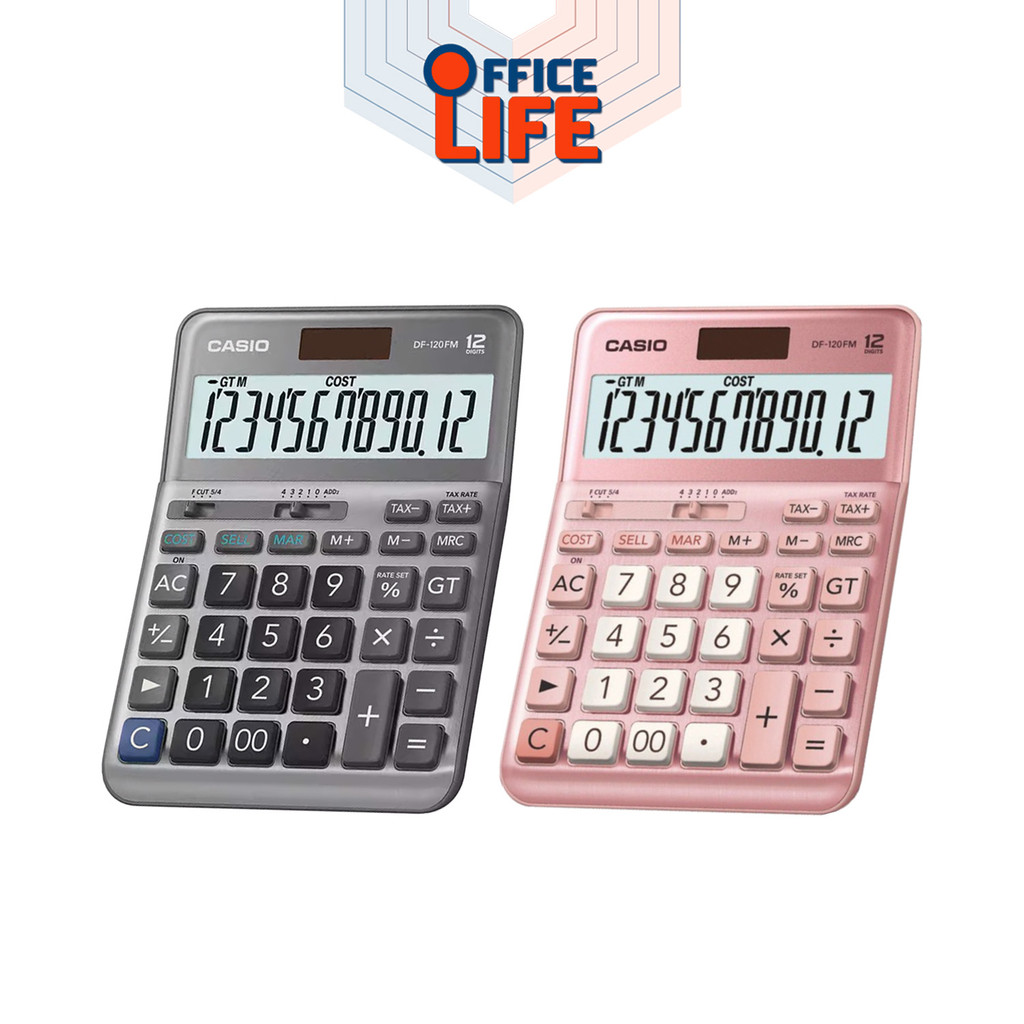 CASIO (คาสิโอ) รุ่น DF-120FM เครื่องคิดเลขตั้งโต๊ะ 12 หลัก 2 สี ชมพู และ เทา ของแท้ (มีสคบ) รับประกัน 2 ปี (1 เครื่อง)