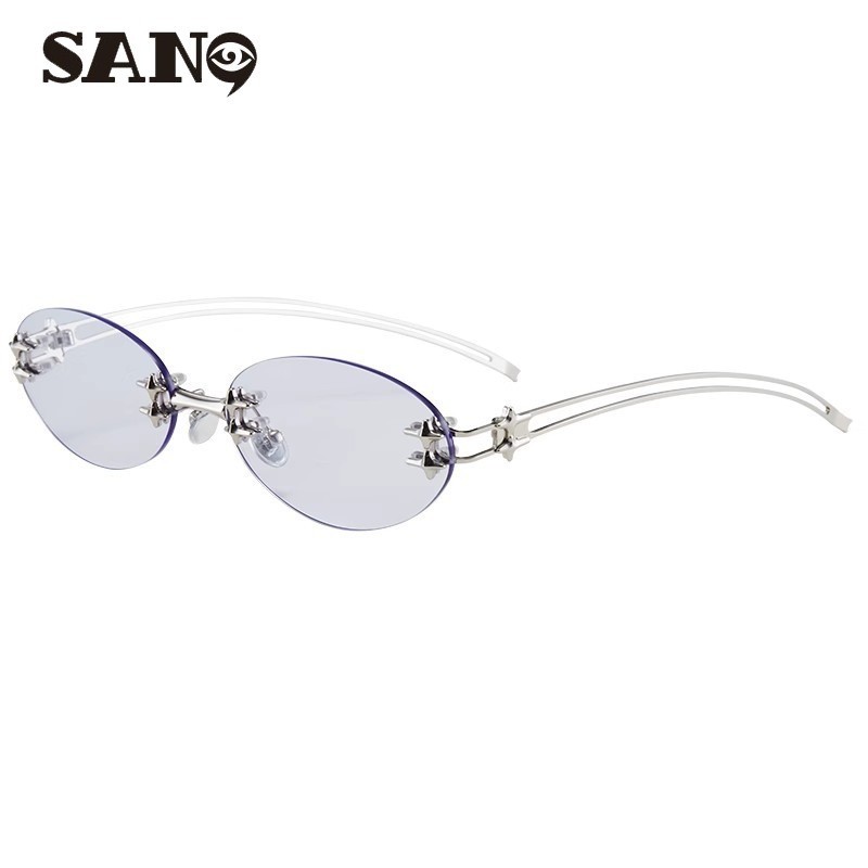 พร้อมสต็อกJennie สไตล์เดียวกันเกาหลี Frameless Oval Nerd Water Silver แว่นกันแดดสําหรับผู้หญิง