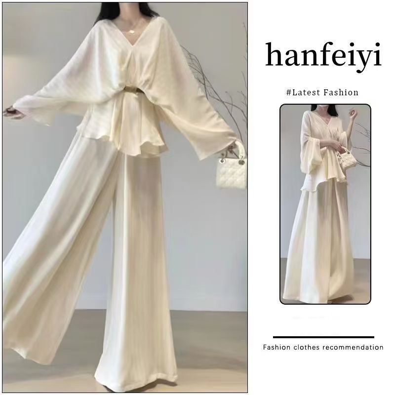 สินค้าใหม่พร้อมสต็อกหลวมสวมใส่สูทอารมณ์หลวมแขนยาวเสื้อด้านบนผู้หญิงฤดูร้อนสบายๆกางเกงขากว้างแอปริคอทชุดสองชิ้น20251024