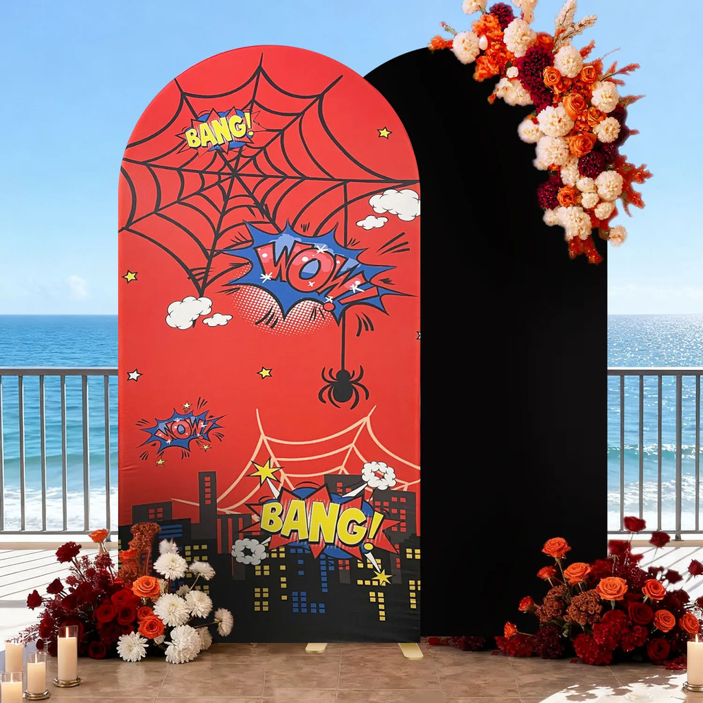 1m2m Superhero Cityscape Arch Cover Spider Web Arch ฉากหลังขาตั้งการ์ตูน Super City Theme วันเกิด Pa