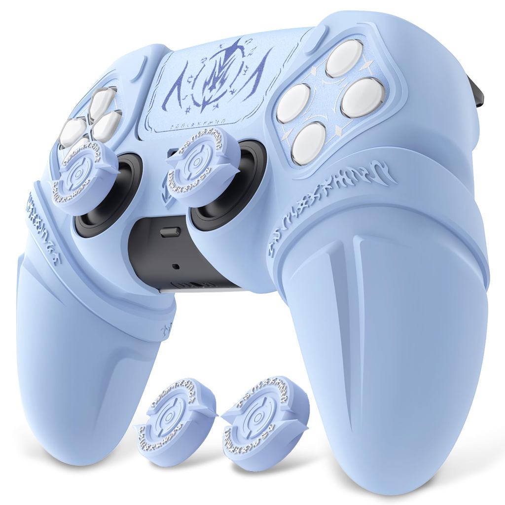 Runes Edition ซิลิโคนผิวสําหรับคอนโทรลเลอร์ ps5 พร้อม Thumb Grips & Touchpad Skin & D-pad Area สติกเกอร์, Anti-slip Controller Grip COVER ใช้งานร่วมกับ-สีฟ้า