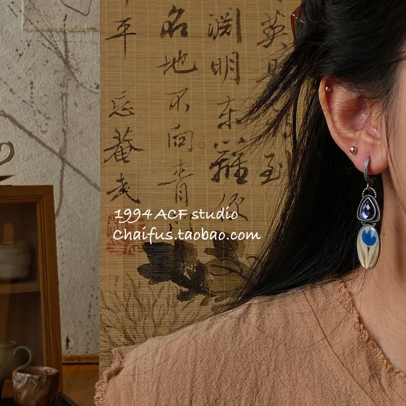 Fast Shipping/Chifu Studio/E356 โบราณอียิปต์เคลือบอีพ็อกซี่ดอกไม้ไม่สมมาตรต่างหู Niche ต่างหูเพชร