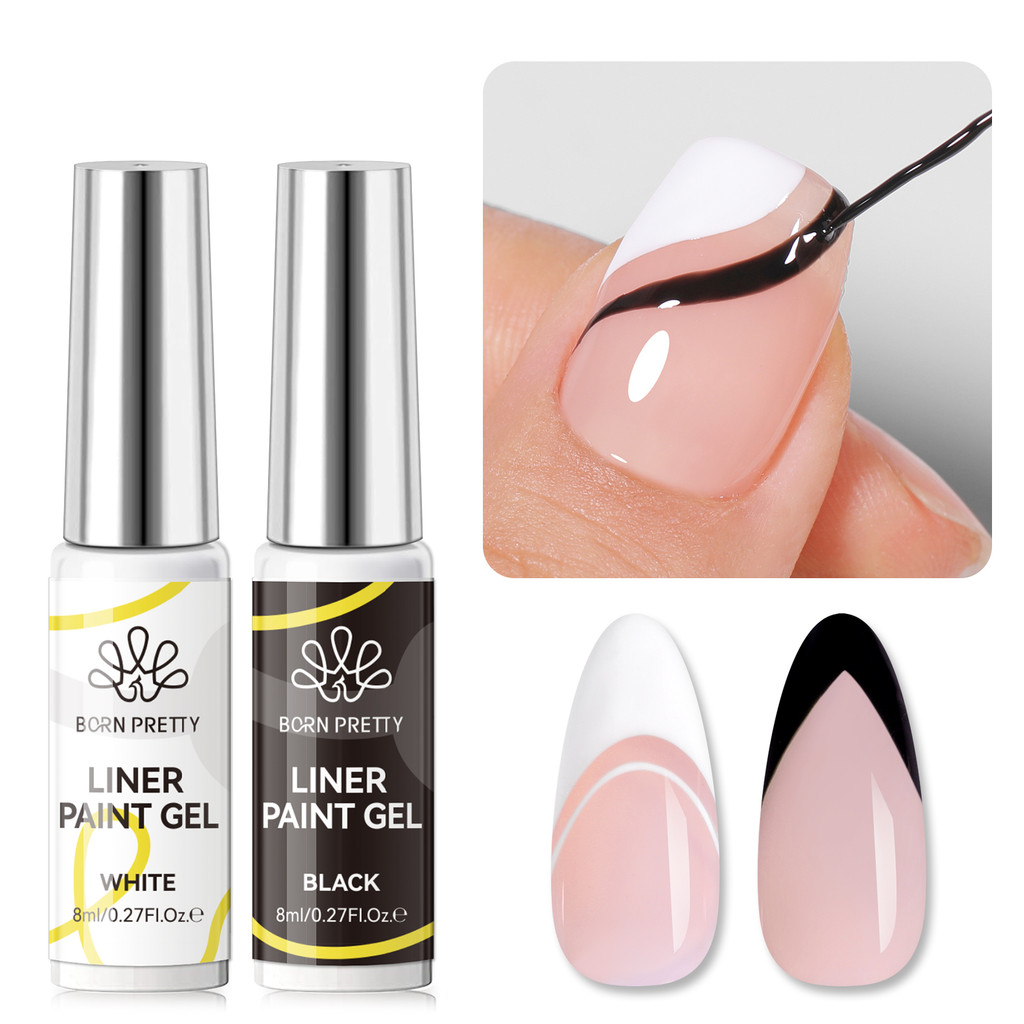 BORN PRETTY 2 ชิ้นสีดําสีขาวสายเจลเล็บ Ultra-thin Shinning Graffiti Stripe ภาพวาดเล็บเจล 8ml