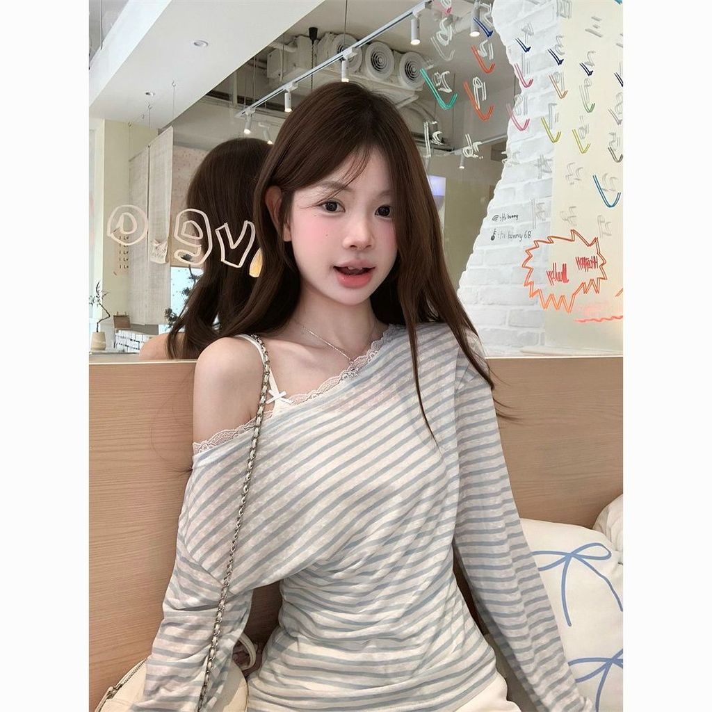 เสื้อยืดแขนยาวสำหรับผู้หญิง ฤดูใบไม้ร่วง ออกแบบลายปิดไหล่และลูกไม้ สวมใส่สบายแบบสลิมฟิต