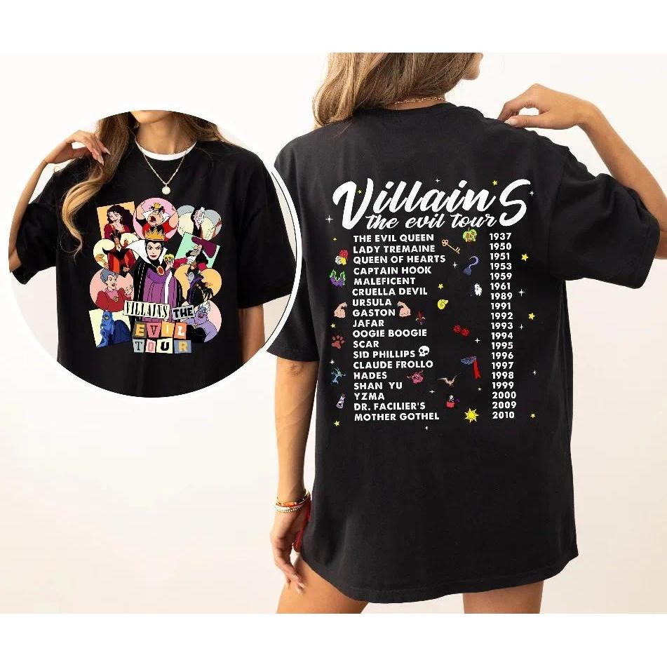 เสื้อยืดสองด้าน Disney Villains The Evil Tour เสื้อ Evil Queens Ursula Cruella Hades Scar Captain Ho
