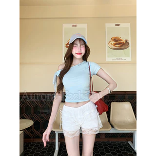 Aurora🛒พร้อมส่ง🚚 (รูปถ่ายจากงานจริง) เสื้อแขนสั้นเปิดไหล่ สไตล์สาวเกาหลี สีพาสเทลน่ารัก