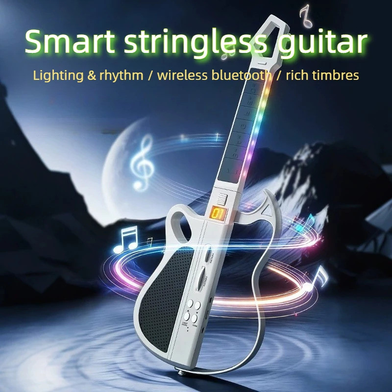 HYANSmart Stringless กีตาร์ไร้สายบลูทูธกีตาร์อิเล็กทรอนิกส์ LED Light Rhythm Guide แบบพกพาชาร์จกีตาร์ของเล่น