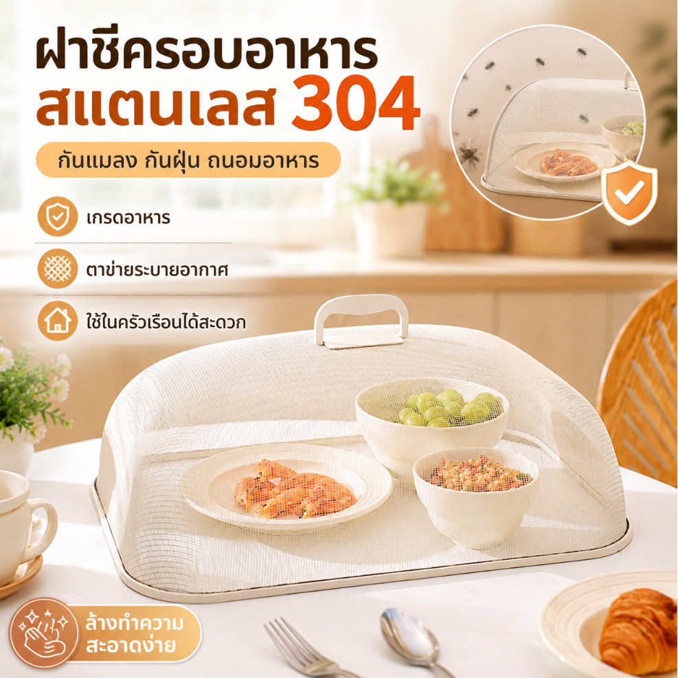 【สแตนเลส304เกรดอาหาร】ฝาชีครอบอาหารแบบนิ่ม ฝาครอบจานกันแมลงกันฝุ่น ป้องกันเชื้อโรคถนอมอาหารใช้ครัวเรือน