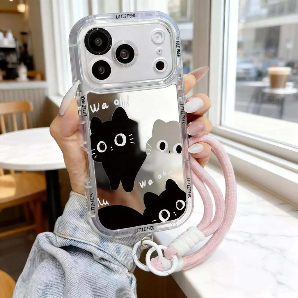 เคสไอโฟน ป้องกันเลนส์ ลายแมวดำสองตัวน่ารัก มีขาตั้ง สายคล้องชมพู iPhone11 13 15 17ProMax พร้อมส่งJHJMNYK73
